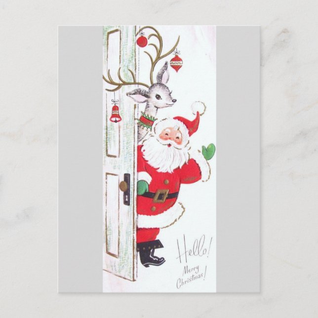 Postal Festiva Hermosa vieja Santa y reno de mediados del siglo (Anverso)