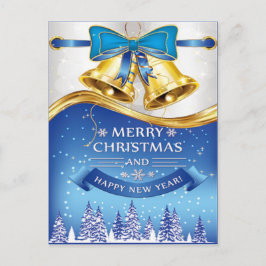 Postal Festiva Hermosas campanas de Navidades dorados con arco az