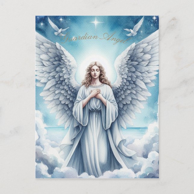 Postal Festiva Hermoso Ángel del Guardián Blanco (Anverso)