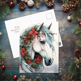 Postal Festiva Hermoso caballo blanco con Navidades de flores roj