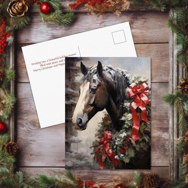 Postal Festiva Hermoso caballo con Navidades de la guirnalda del  (Beautiful Horse with Winter Wreath Christmas Holiday Postcard)