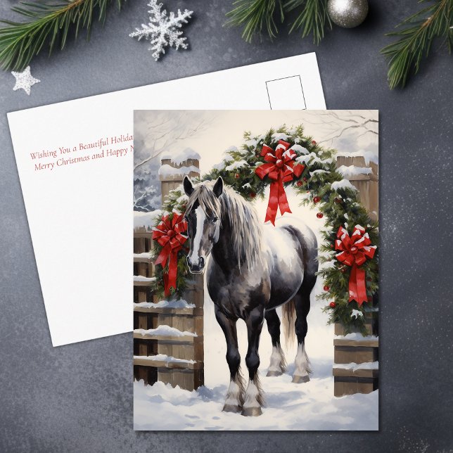 Postal Festiva Hermoso caballo gris con Navidades de Winter Garla (Beautiful Grey Horse with Winter Garland Christmas Holiday Postcard)