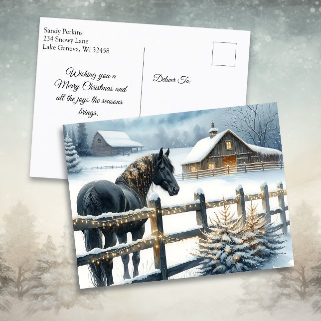 Postal Festiva Hermoso caballo negro en una granja de Navidades (Subido por el creador)