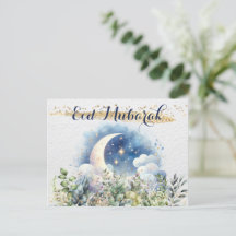 Hermoso Eid Mubarak Watercolor Moon Foliage Gold