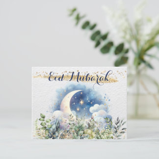 Postal Festiva Hermoso Eid Mubarak Watercolor Moon Foliage Gold