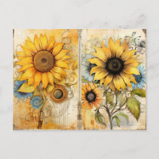 Postal Festiva Hermosos girasoles. Vintage. 