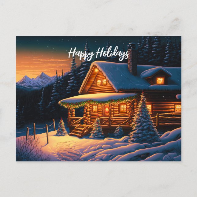 Postal Festiva Hermosos Navidades alumbran Log Cabing Mountain Sn (Anverso)