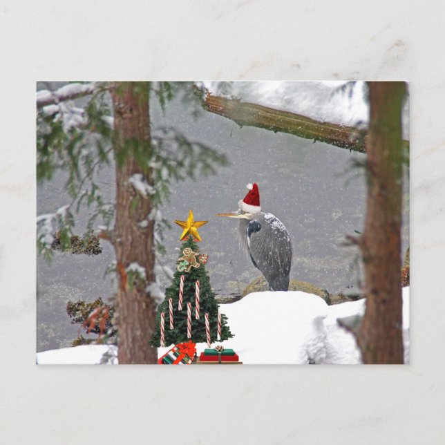 Postal Festiva Heron navidades en foto de nieve (Anverso)