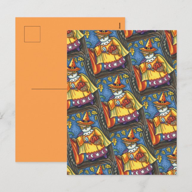POSTAL FESTIVA HERRAMIENTAS MÁGICAS Y HALLOWETS, ASISTENTE DE OWL (Anverso / Reverso)