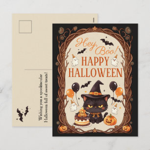 Postal Festiva Hey Boo Espeluznante Gatito Negro Bruja Halloween