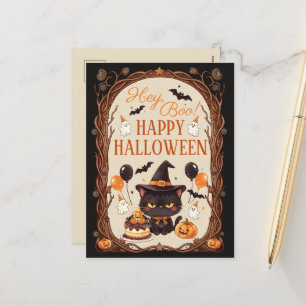 Postal Festiva Hey Boo Espeluznante Gatito Negro Bruja Halloween