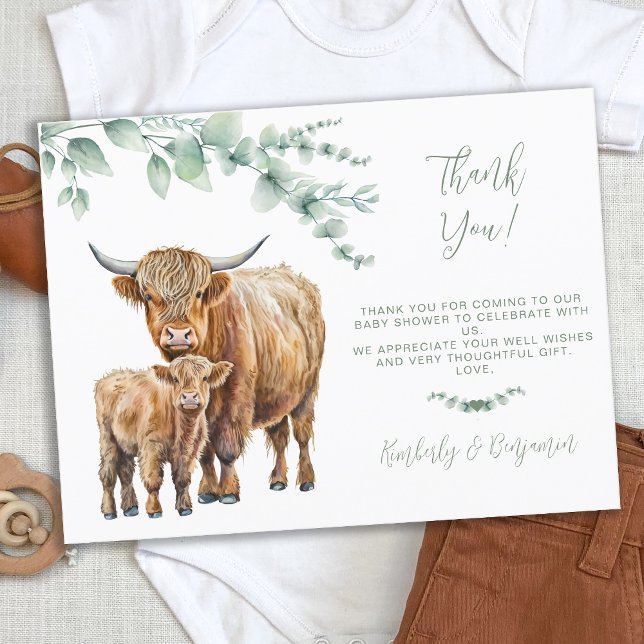 Postal Festiva Highland Cow Greenery Baby Shower Gracias (Subido por el creador)