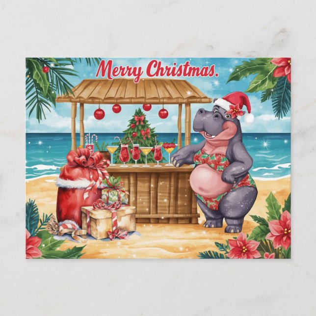 Postal Festiva Hippo Christmas Cocktail Party Greeting Card  (Anverso)
