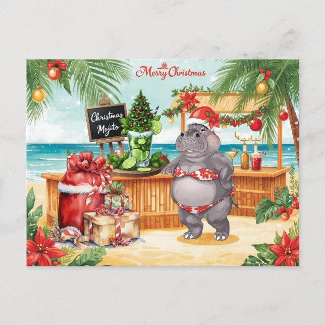 Postal Festiva Hippo Christmas Cocktail Party Greeting Card  (Anverso)