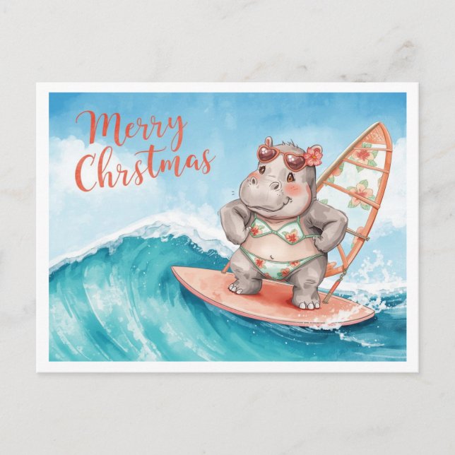 Postal Festiva Hippo Surfista en Tabla de Surf en Vacaciones de N (Anverso)
