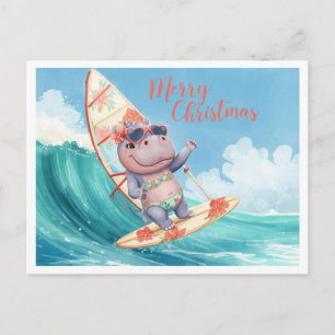 Postal Festiva Hippo Surfista en Tabla de Surf en Vacaciones de N