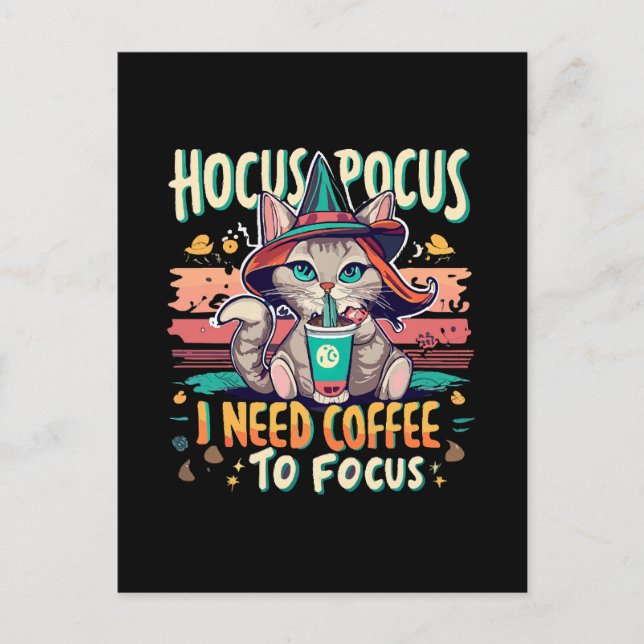 Postal Festiva Hocus Focus - Necesito café para concentrarme (Anverso)