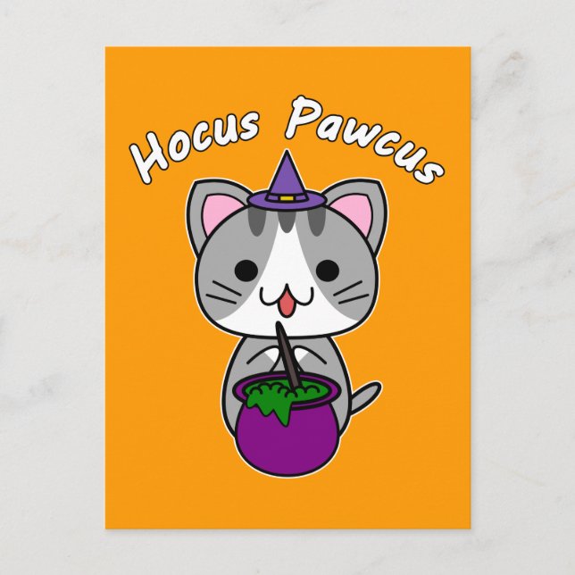 Postal Festiva Hocus Pawcus - Gato de Pestaña Gris - Escritura en (Anverso)