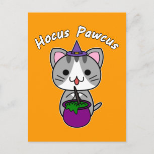Postal Festiva Hocus Pawcus - Gato Gris Tabby - Escritura Blanca