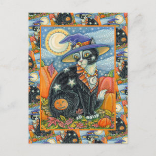 POSTAL FESTIVA HOCUS POCUS GATO NEGRO BRUJA Y RATÓN HALLOWEEN