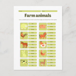 Postal Festiva Hoja de trabajo educativa para identificar animale