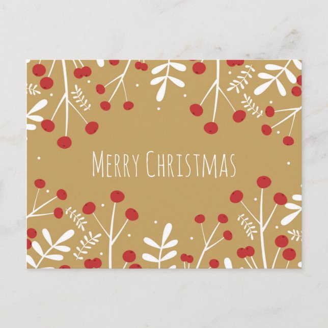 Postal Festiva Hojas blancas y bayas doradas Navidades (Anverso)
