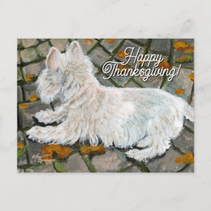 Postal Festiva Hojas de Otoño Westie en Patio