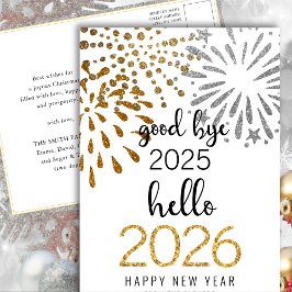 Postal Festiva Hola 2025 Oro Purpurina Fuegos artificiales Año Nu