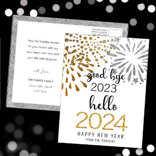 Postal Festiva Hola 2025 Oro Purpurina Fuegos artificiales Año Nu
