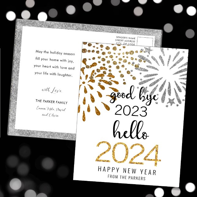 Postal Festiva Hola 2025 Oro Purpurina Fuegos artificiales Año Nu (Subido por el creador)