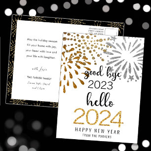 Postal Festiva Hola 2025 Oro Purpurina Fuegos artificiales Año Nu