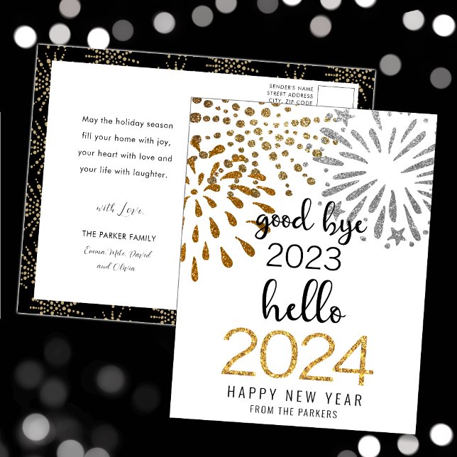 Postal Festiva Hola 2025 Oro Purpurina Fuegos artificiales Año Nu (Subido por el creador)