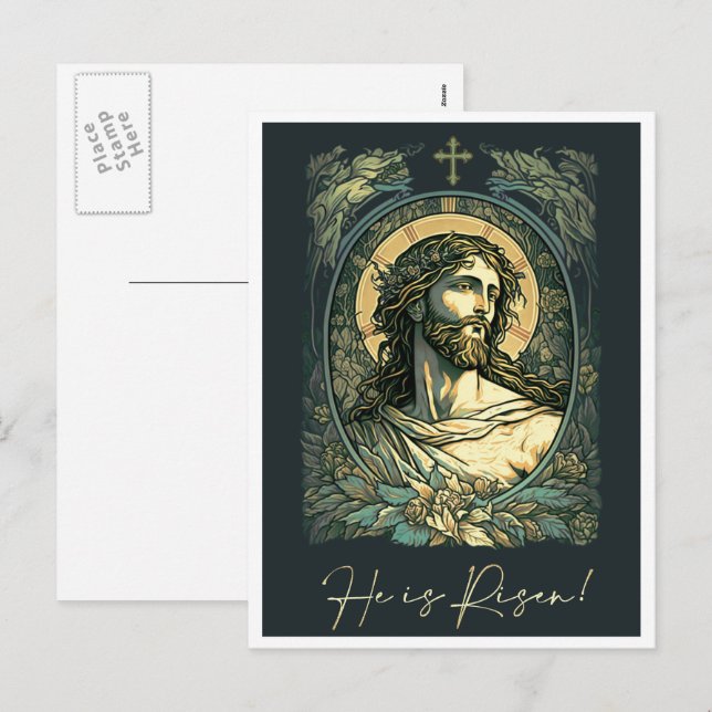 Postal Festiva ¡Hola es Risen! Art Nouveau Jesús pintando Pascua (Anverso / Reverso)