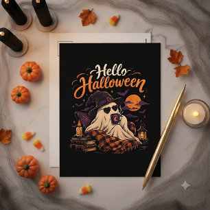 Postal Festiva Hola Halloween Fantasma Lindo Bebiendo Café