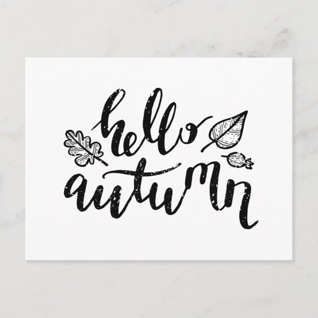 Postal Festiva Hola hojas de otoño caligrafía en blanco y negro (Anverso)