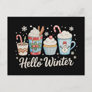 Postal Festiva Hola Invierno Acogedor Café Muñeco de Nieve Navida