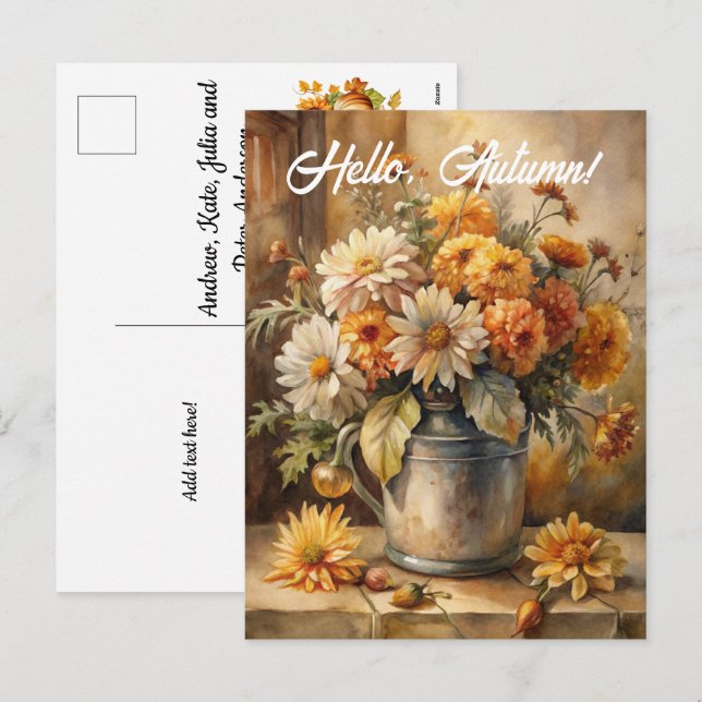 Postal Festiva Hola, otoño - cubo con flores (Anverso / Reverso)