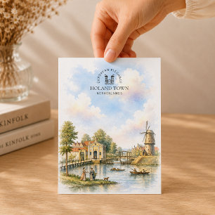 Postal Festiva Holand Town, paisaje holandés acuarela