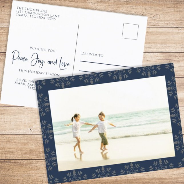 Postal Festiva Holiday Peace Joy Love Elegant Snowflakes 1 Photo (Christmas holiday simple photo postcard template with an elegant navy blue design. )
