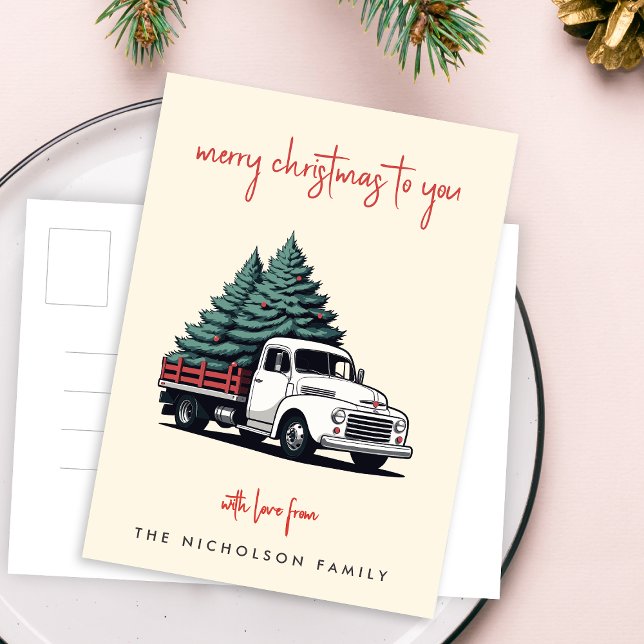 Postal Festiva Holiday Postcard | Christmas Tree Delivery Truck (A vintage inspired delivery truck holiday postcard design with retro festive flair)