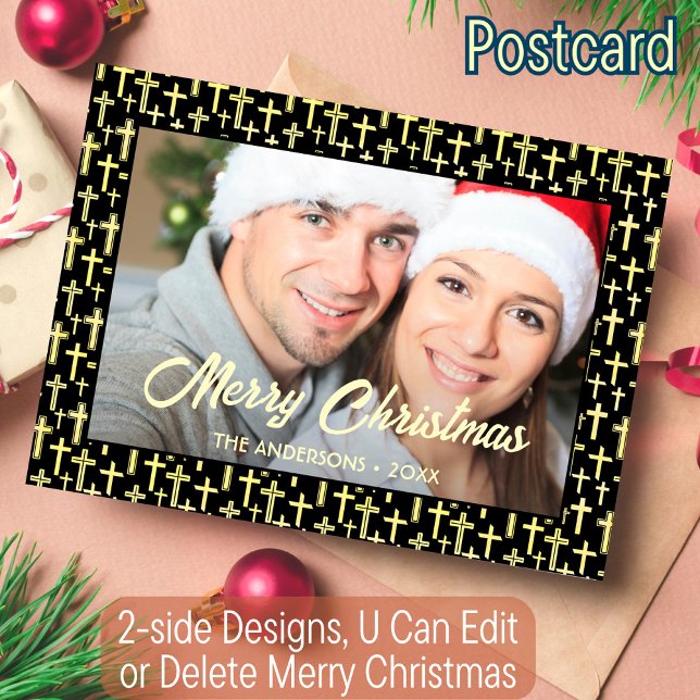 Postal Festiva Holly Cross Family Photo Navidades Religious Faith (Subido por el creador)