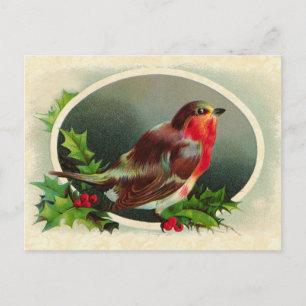 Postal Festiva Holly de Navidades y pájaro de diseño de época