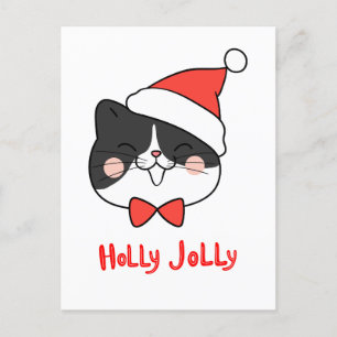 Postal Festiva Holly Jolly Cute Kawaii Cat Minimalista