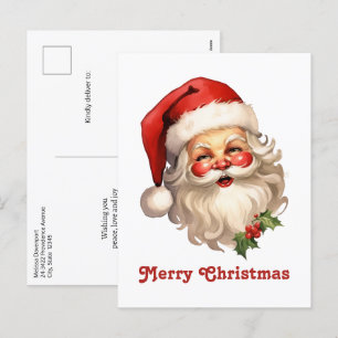Postal Festiva Holly Jolly Santa Claus Navidades de estilo retro