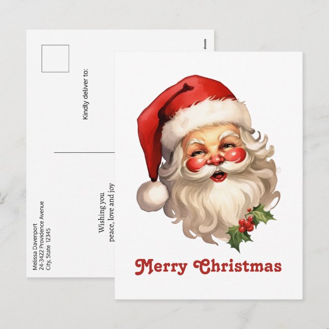 Postal Festiva Holly Jolly Santa Claus Navidades de estilo retro (Anverso / Reverso)