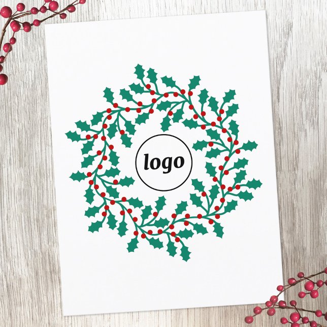 Postal Festiva Holly Wreath Logo Business (Logo holly wreath business promotional holiday postcard)