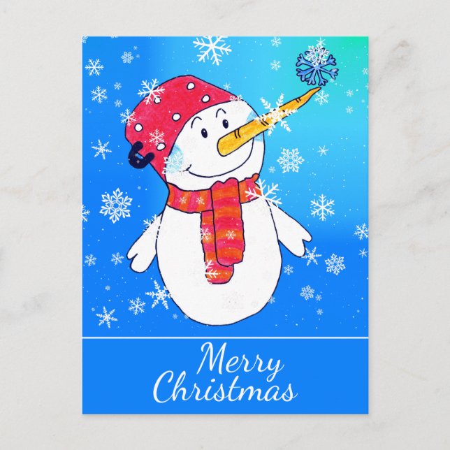 Postal Festiva Hombre de nieve con Navidades dibujantes de copos  (Anverso)