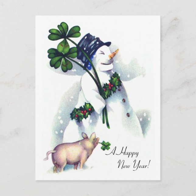 Postal Festiva Hombre de nieve de Año Nuevo con cerdo afortunado (Anverso)