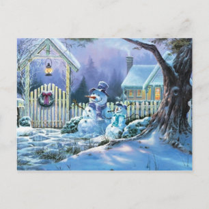 Postal Festiva Hombre De Nieve En Invierno Frente A Una Cabaña De