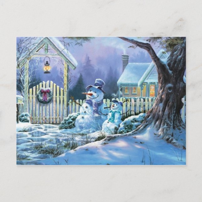 Postal Festiva Hombre De Nieve En Invierno Frente A Una Cabaña De (Anverso)